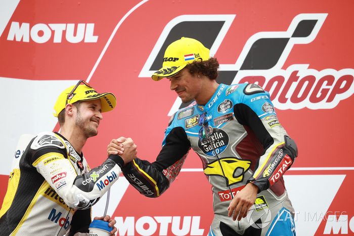 Podio: segundo lugar Thomas Luthi, CarXpert Interwetten, ganador de la carrera Franco Morbidelli, Marc VDS