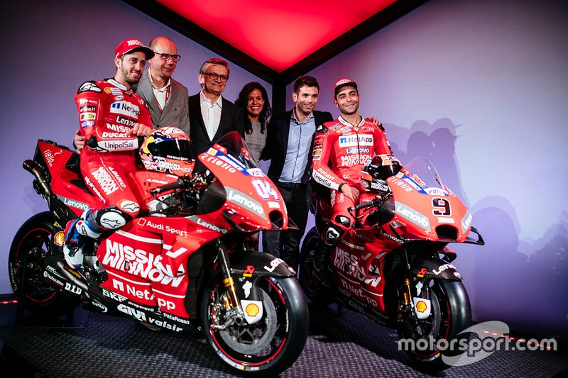 From left to right, Philip Morris International people at Ducati MotoGP Team launch in Neuchatel, Switzerland: Andrea Dovizioso, rider, Riccardo Parino, Vice President Global Event Partnerships, Miroslaw Zielinski, President Science & Innovation, Patricia Klaric, Head of Mission Winnow Project, Sebastiano Cremonini, Manager MotoGP Event Platform, and Danilo Petrucci, rider