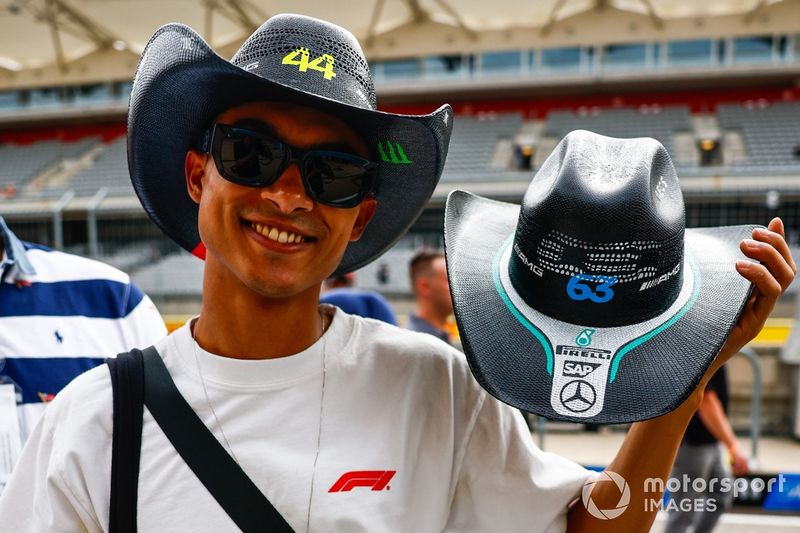 A fans shows off their fan made cowboy hats in support of Lewis Hamilton, Mercedes-AMG F1 Team, George Russell, Mercedes-AMG F1 Team