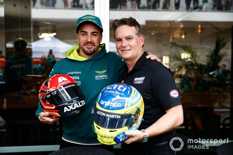 Fernando Alonso, Aston Martin F1 Team, NASCAR star Jeff Gordon swap helmets