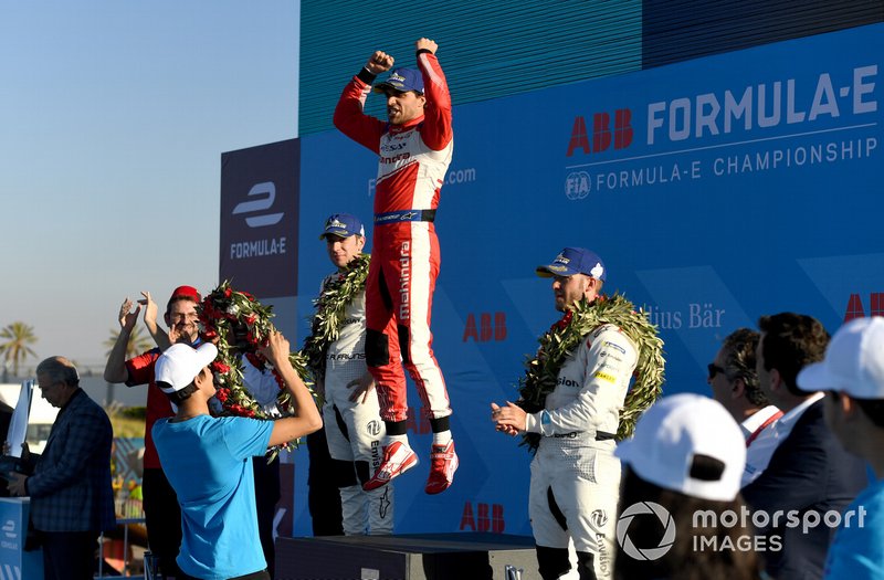Jérôme d'Ambrosio, Mahindra Racing, 1st position, leaps in celebration on the podium