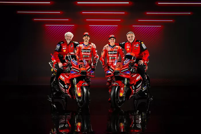 Gigi Dall’Igna, Ducati general manager, Francesco Bagnaia, Marc Marquez, Ducati Team,  Mauro Grassilli, Sporting director Ducati