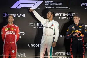 Sebastian Vettel, Ferrari, Lewis Hamilton, Mercedes AMG F1, Max Verstappen, Red Bull Racing, op het podium