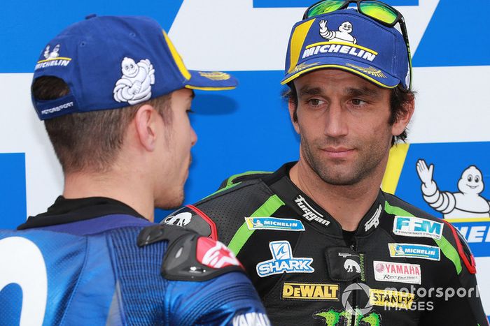Segundo clasificado Maverick Viñales, Yamaha Factory Racing, tercer clasificado Johann Zarco, Monster Yamaha Tech 3