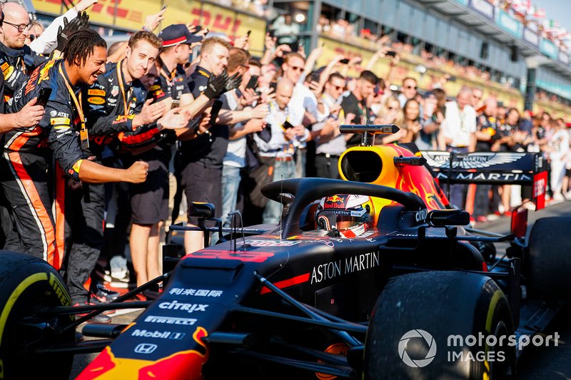 Max Verstappen, Red Bull Racing RB15 driving past his team celebrates on the way to Parc Ferme