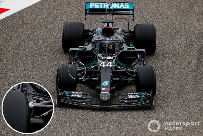 Detalle de la suspensión delantera de Lewis Hamilton, Mercedes F1 W11