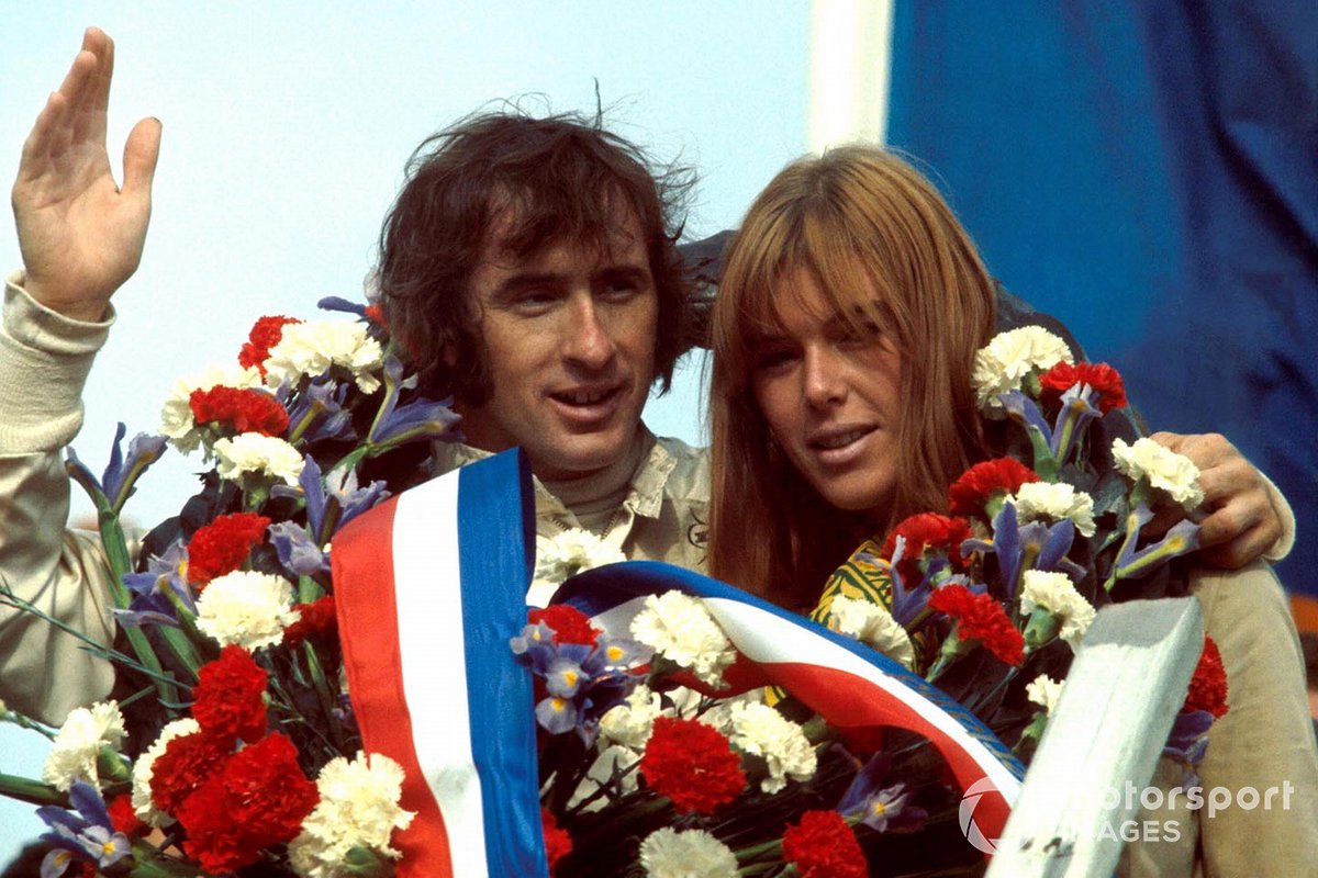 Winner Jackie Stewart, Matra, with his wife Helen Stewart 