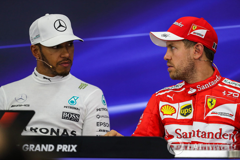 Lewis Hamilton, Mercedes AMG F1 and Sebastian Vettel, Ferrari in the Press Conference