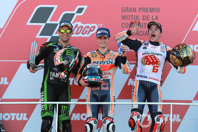 Podium : le deuxième, Johann Zarco, Monster Yamaha Tech 3, le vainqueur Dani Pedrosa, Repsol Honda Team, le troisième, Marc Marquez, Repsol Honda Team