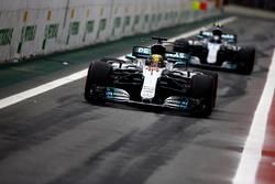 Lewis Hamilton, Mercedes AMG F1 W08, Valtteri Bottas, Mercedes AMG F1 W08, out of the pits at the st
