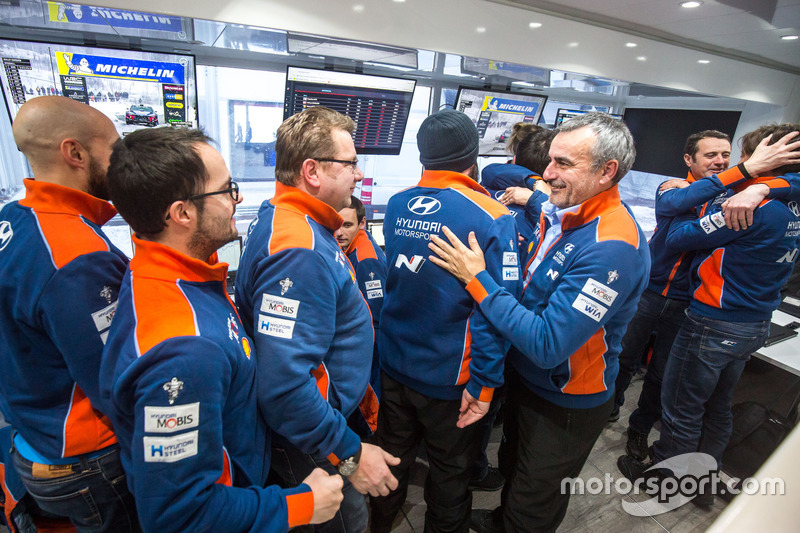 Hyundai Motorsport team members celebrate the win