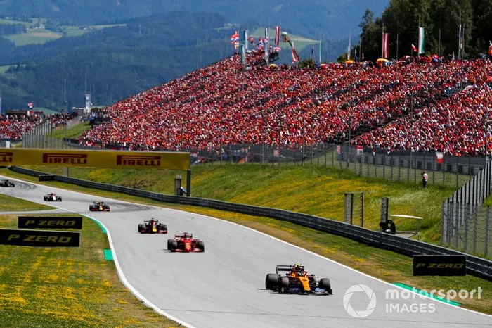 Lando Norris, McLaren MCL34, Sebastian Vettel, Ferrari SF90, Max Verstappen, Red Bull Racing RB15, Pierre Gasly, Red Bull Racing RB15