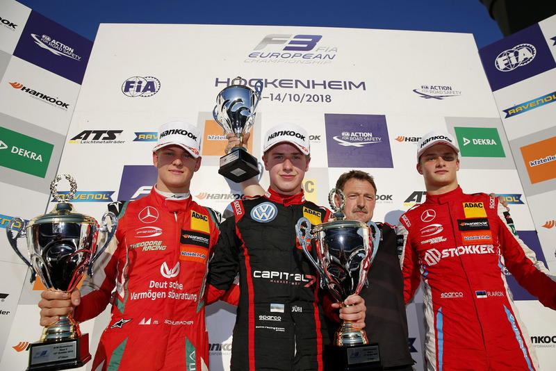 Podium: Race winner Jüri Vips, Motopark Dallara F317 - Volkswagen, second place Mick Schumacher, PREMA Theodore Racing Dallara F317 - Mercedes-Benz, third place Ralf Aron, PREMA Theodore Racing Dallara F317 - Mercedes-Benz