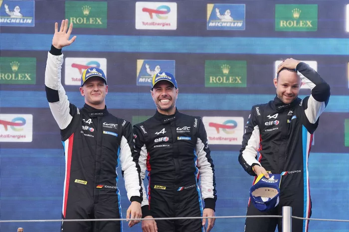 Podium: #36 Alpine Endurance Team Alpine A424: Jules Gounon, Frederic Makowiecki, Mick Schumacher