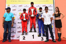 Podium: Race winner Manav Sharma, BPC Racing, second place Chirag Ghorpade BPC Racing, third place Jonathan Kuriakose, Rayo Racing