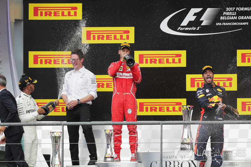 Podium: second place Sebastian Vettel, Ferrari, Race winner Lewis Hamilton, Mercedes AMG F1, third place Daniel Ricciardo, Red Bull Racing