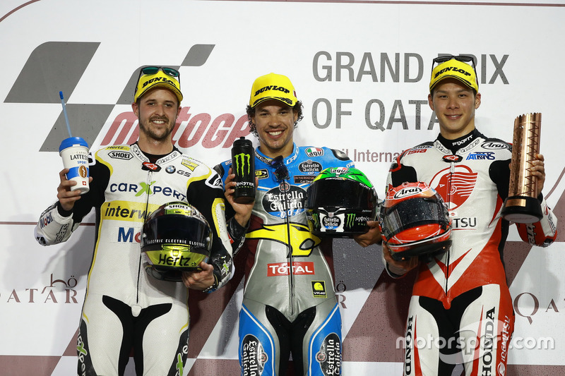 Podium; second place Thomas Luthi, CarXpert Interwetten; Race winner Franco Morbidelli, Marc VDS; third placeTakaaki Nakagami, Idemitsu Honda Team Asia