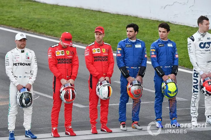 Valtteri Bottas, Mercedes-AMG Petronas F1, Charles Leclerc, Ferrari, Sebastian Vettel, Ferrari, Carlos Sainz, McLaren, Lando Norris, McLaren and Daniil Kvyat, AlphaTauri line up on the track