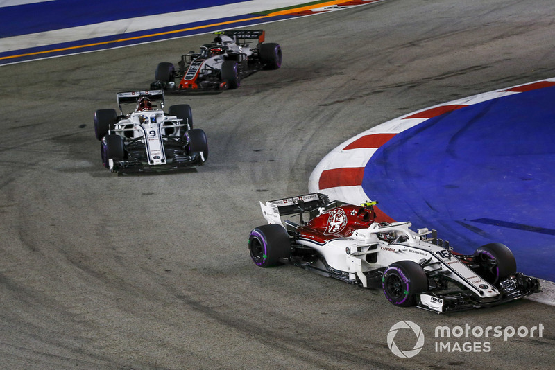 Charles Leclerc, Sauber C37, Marcus Ericsson, Sauber C37 and Kevin Magnussen, Haas F1 Team VF-18