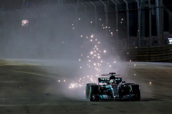 Lewis Hamilton, Mercedes AMG F1 W08, kicks up sparks under braking