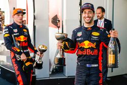 Max Verstappen, Red Bull, second place, Third place Daniel Ricciardo, Red Bull Racing, with their trophies