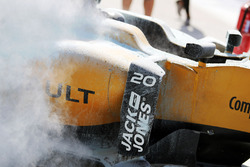 The burned car of Kevin Magnussen, Renault Sport F1 Team RS18