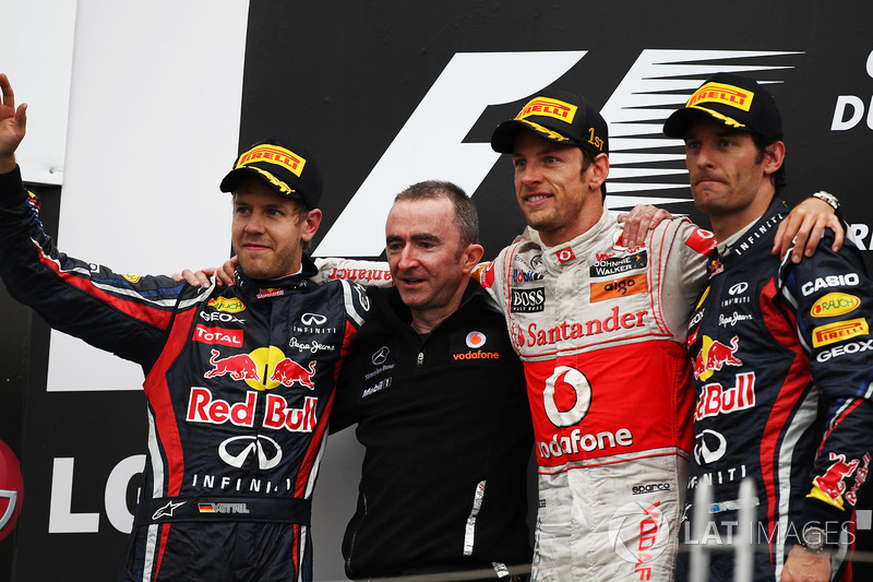 Podium: Sebastian Vettel, Red Bull Racing, Paddy Lowe, McLaren Technical Director, Jenson Button, McLaren and Mark Webber, Red Bull Racing