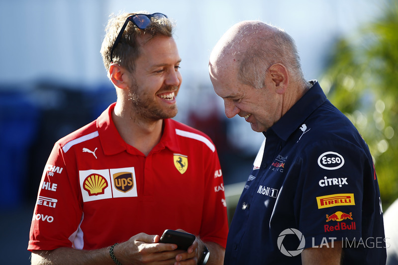 Sebastian Vettel, Ferrari, with Adrian Newey, Chief Technical Officer, Red Bull Racing