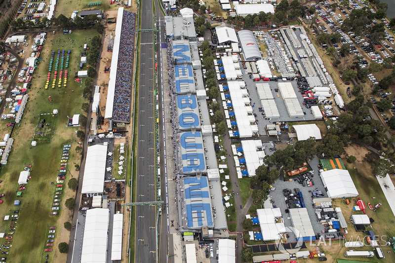 An aerial view of the pit straight