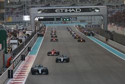 Valtteri Bottas, Mercedes F1 W08, leads Lewis Hamilton, Mercedes F1 W08, Sebastian Vettel, Ferrari SF70H, and the rest of the field on the formation lap