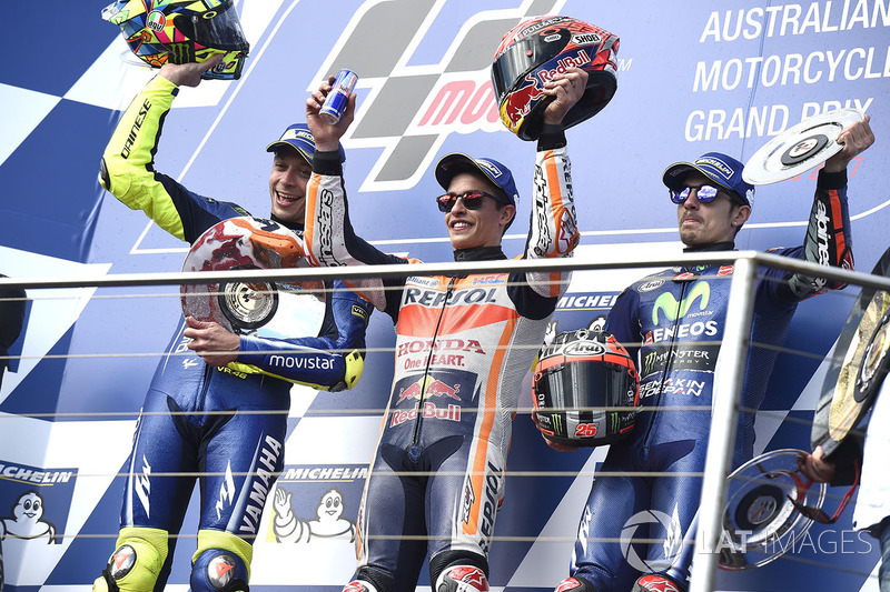 Podium: race winner Marc Marquez, Repsol Honda Team, second place Valentin Rossi, Yamah Factory Racing, third place Maverick Viñales, Yamaha Factory Racing