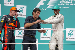 Race winner Max Verstappen, Red Bull Racing, Mark Webber, Lewis Hamilton, Mercedes AMG F1 celebrate on the podium