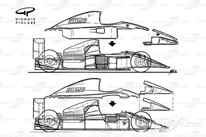 Comparación del Ferrari F1-91 (642/2) 1991 contra el 643 (arriba)