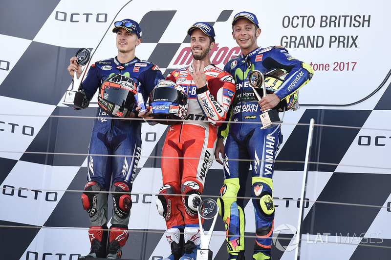 Podium: 1. Andrea Dovizioso, Ducati Team; 2. Maverick Viñales, Yamaha Factory Racing; 3. Valentino R