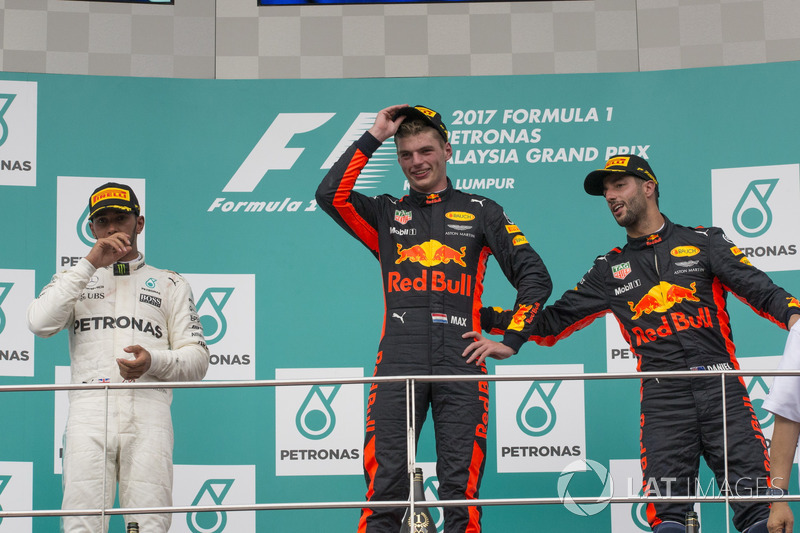 Podium: second place Lewis Hamilton, Mercedes AMG F1, Race winner Max Verstappen, Red Bull Racing, third Daniel Ricciardo, Red Bull Racing