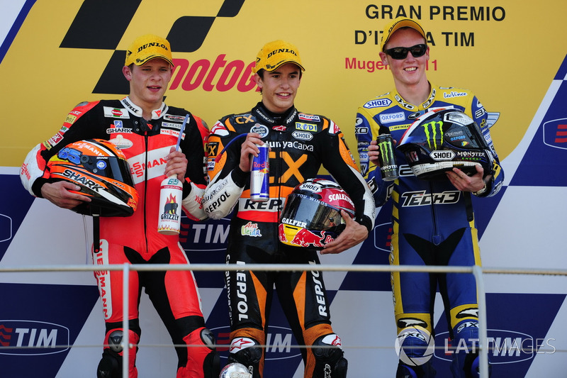 Le podium du GP d'Italie 2011 de Moto2 : Marc Marquez, Stefan Bradl, Bradly Smith