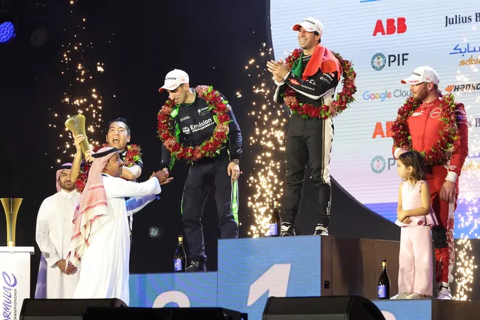 Race winner Antonio Felix Da Costa, Jaguar TCS Eacing, second place Sebastien Buemi, Envision Racing, third place Oliver Rowland, Nissan Formula E Team