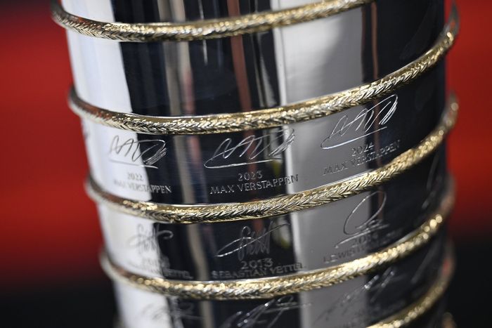 ABU DHABI, UNITED ARAB EMIRATES - DECEMBER 04: A detailed view of the Driver World Champion's trophy during previews ahead of the F1 Grand Prix of Abu Dhabi at Yas Marina Circuit on December 04, 2025 in Abu Dhabi, United Arab Emirates. (Photo by Sam Bagna