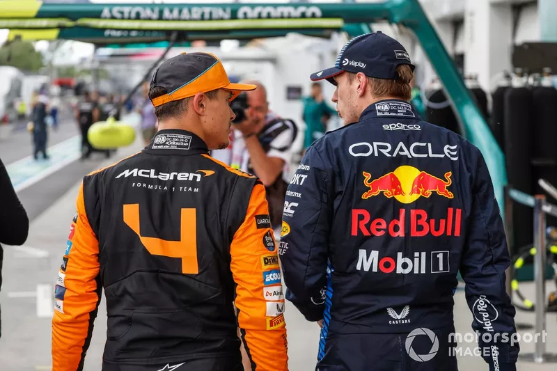 Max Verstappen, Red Bull Racing, Lando Norris, McLaren F1 Team, promenade dans la voie des stands.