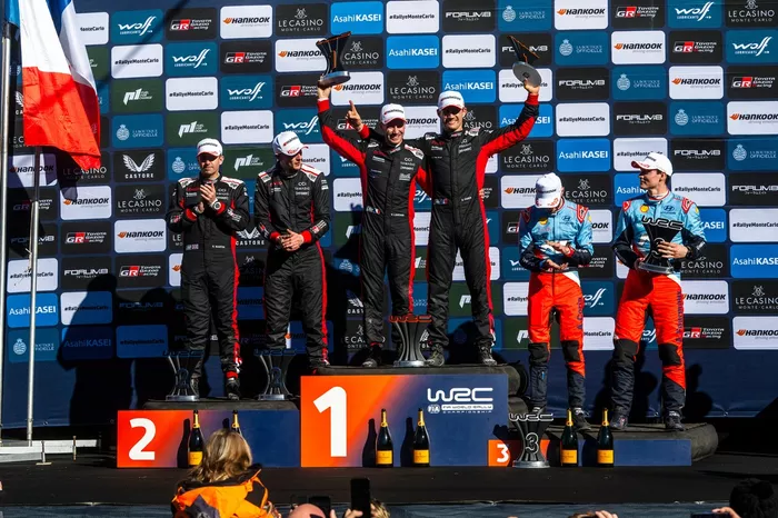 Podium: Winner Sébastien Ogier, Vincent Landais, Toyota Gazoo Racing WRT Toyota GR Yaris Rally1, second place Elfyn Evans, Scott Martin, Toyota Gazoo Racing WRT Toyota GR Yaris Rally1, third place Adrien Fourmaux, Alexandre Coria, Hyundai World Rally Team