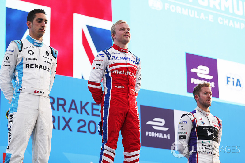 Podium: race winner Felix Rosenqvist, Mahindra Racing, second place Sébastien Buemi, Renault e.Dams, third place Sam Bird, DS Virgin Racing, celebrate on the podium