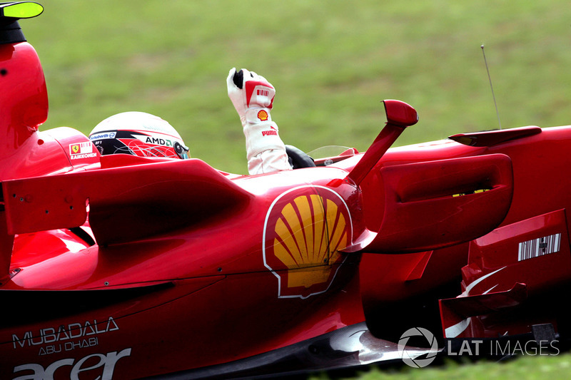 World Champion Kimi Raikkonen, Ferrari F2007 celebrates victory