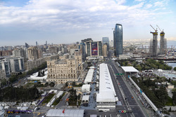 An aerial view of the pit straight, pit lane and surrounding buildings during Qualifying