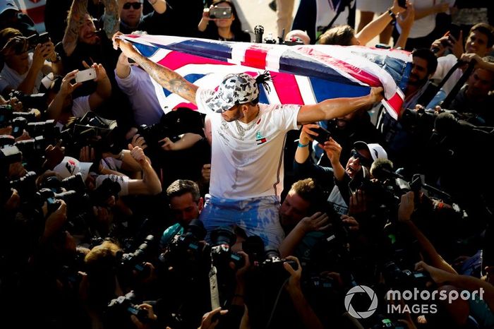 Lewis Hamilton, Mercedes AMG F1, 2nd position, celebrates after securing his sixth world drivers championship title