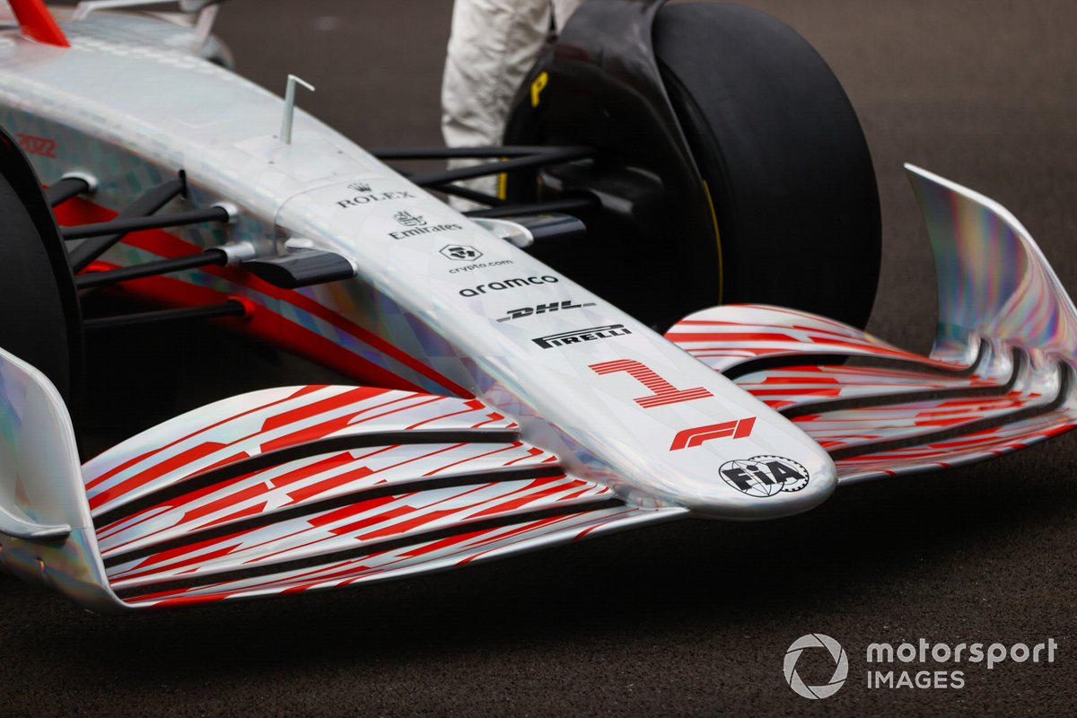 The 2022 Formula 1 car launch event on the Silverstone grid. Nose and front wing detail