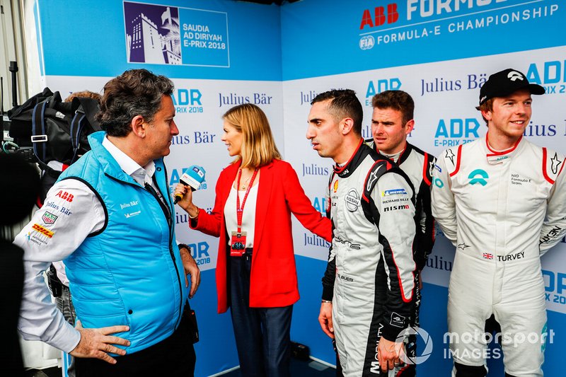 Alejandro Agag, CEO, Formula E with TV Presenter Nicki Shields, Sébastien Buemi, Nissan e.Dams, Oliver Rowland, Nissan e.Dams, Oliver Turvey, NIO Formula E Team