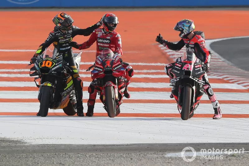 Luca Marini, VR46 Racing Team. Francesco Bagnaia, Ducati Team, Maverick Vinales, Aprilia Racing Team.
