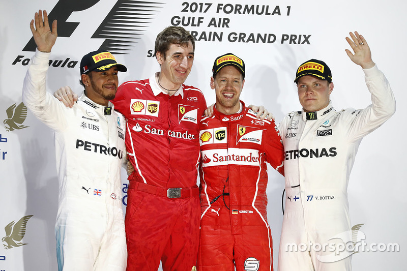 Podium: winner Sebastian Vettel, Ferrari, second place Lewis Hamilton, Mercedes AMG F1, third place Valtteri Bottas, Mercedes AMG F1, Matteo Togninalli, Chief Race Engineer, Ferrari