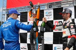 Patricio O'Ward, Arrow McLaren SP Chevrolet, Alex Palou, Chip Ganassi Racing Honda, Rinus VeeKay, Ed Carpenter Racing Chevrolet celebrate with champagne