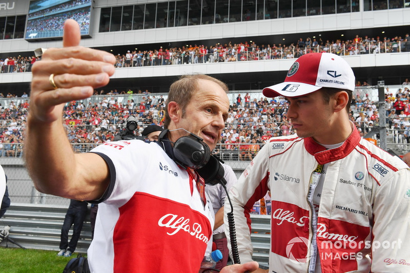 Josef Leberer, Sauber Trainer and Charles Leclerc, Sauber on the grid